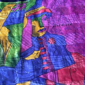 Picasso Cubism art ,abstract silk scarf. 37 x 38 inches. Stunning,colorful. NWOT